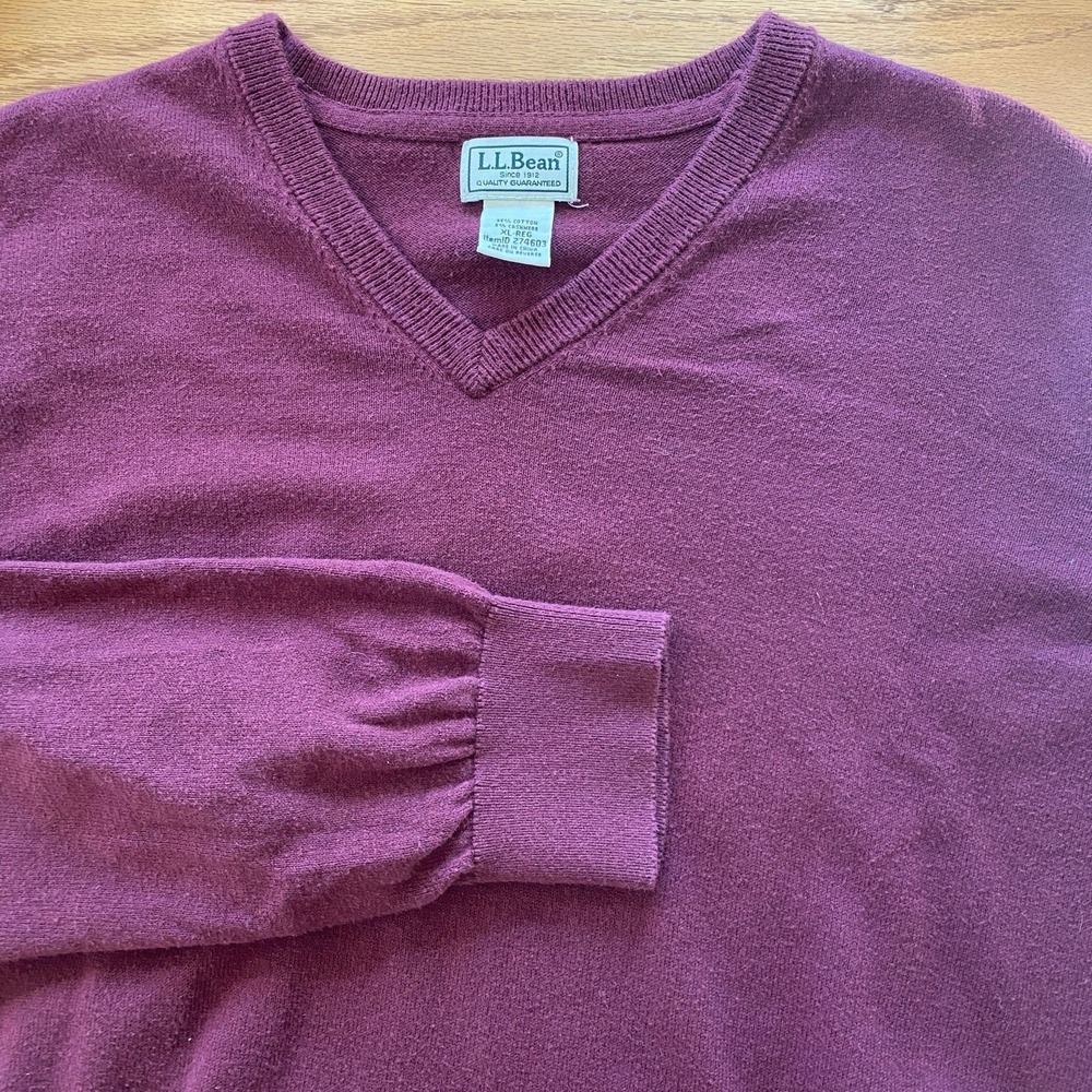 Ll Bean Sweater Cotton Cashmere Men's XL V Neck Pullover Maroon Burgundy